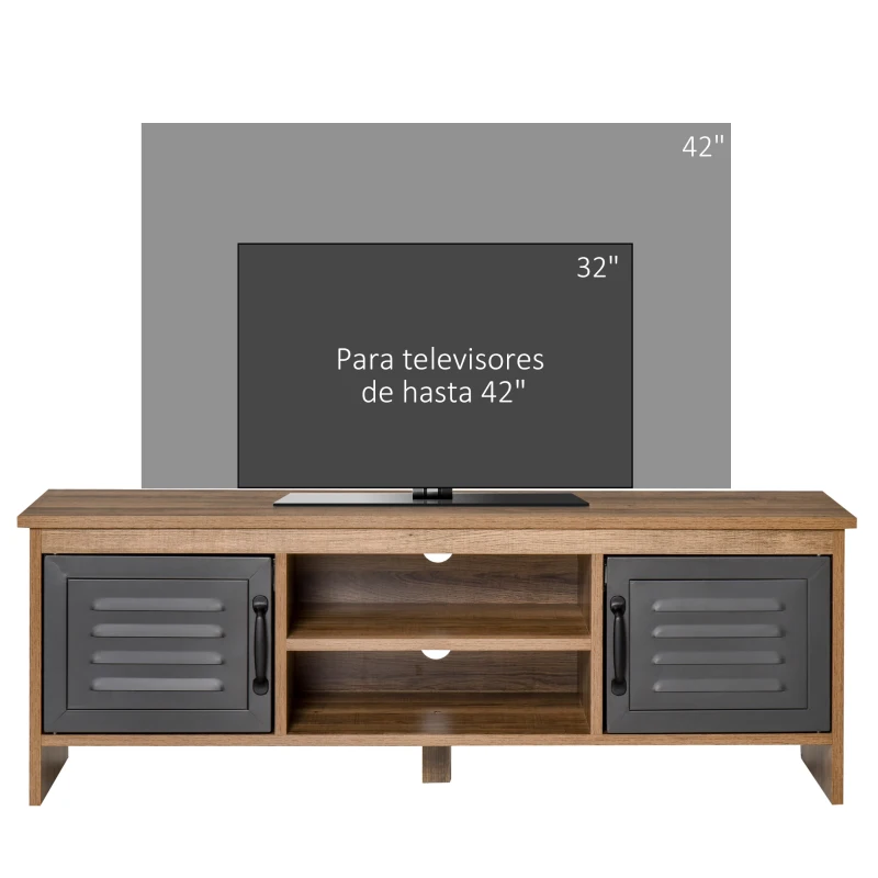 HOMCOM Mueble de TV para Televisores de 42" con 2 Compartimentos Cerrados con Puertas de Metal y 2 Estantes Abiertos Mueble de salón moderno Mesa para televisor 109x35x38 cm Madera Natural y Gris