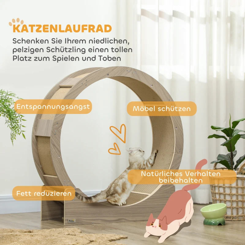 PawHut Katzenlaufrad, Laufrad für Katzen, 91 cm, mit Bremse, Kratzmatte, Katzenrad für gesunde Bewegung, Walnuss(m-4)