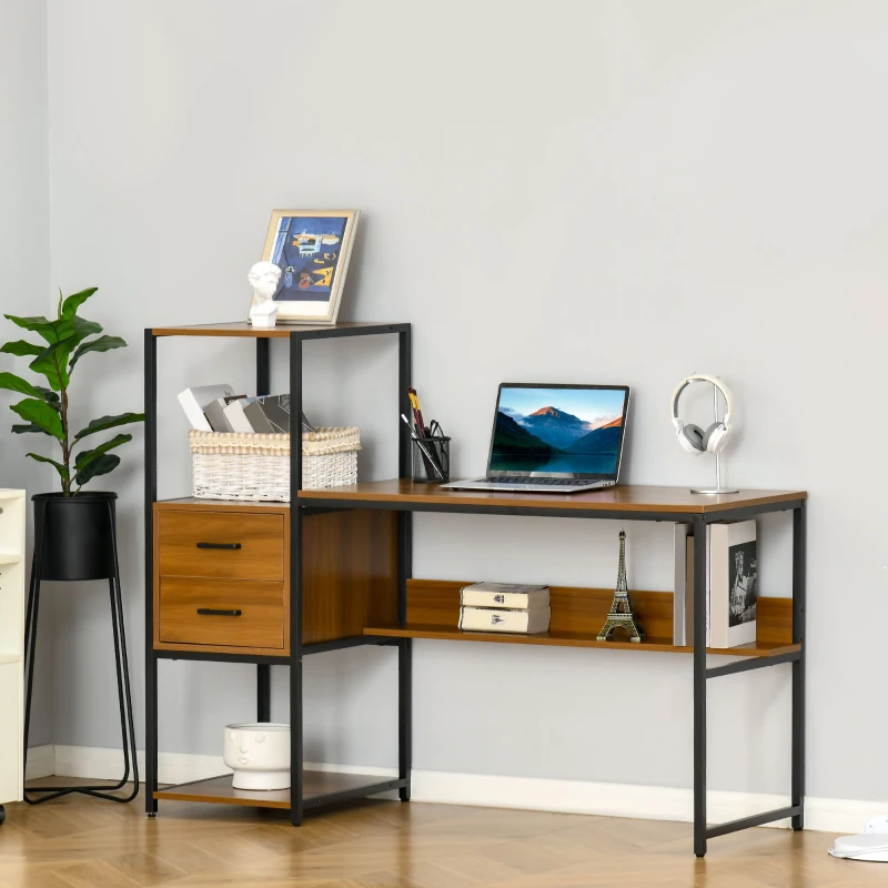 HOMCOM Industrial Computer Desk with Drawers and Storage Shelves, 140 x 50cm Home Office Desk, Study Table, Light Walnut Brown