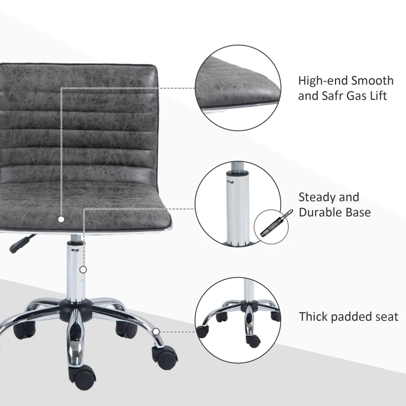 HOMCOM Armless Task Desk Chair, Swivel Office Chair with Microfibre Cloth, Adjustable Seat Height, Chrome Base, Wheels for Home, Grey