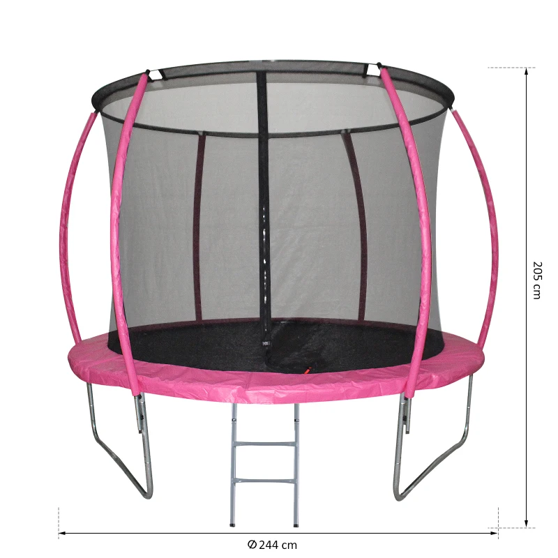 HOMCOM Cama Elástica Multifuncional Estable para Exterior e Interior Patio Gimnasio Trampolín Grande con Red Seguridad y Escalera Carga 100kg para Adultos y Niños Φ244x205 cm Rosa