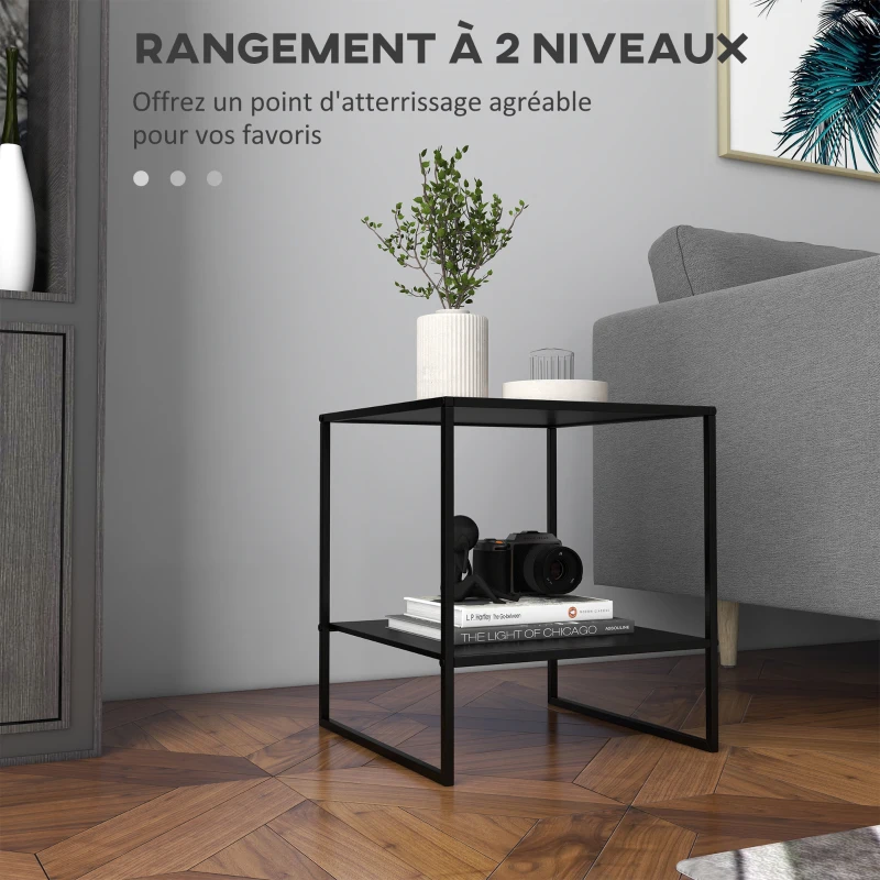 HOMCOM Table basse d'appoint carrée style industriel en métal noir avec une étagère - 40 x 40 x 45 cm noir