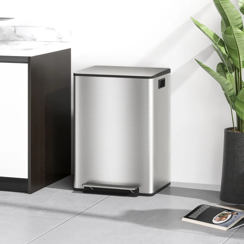 HOMCOM Cubo de Basura de Cocina con 2 Compartimentos 2x30L con Pedal Tapa de Cierre Suave y Cubo Extraíble Plata