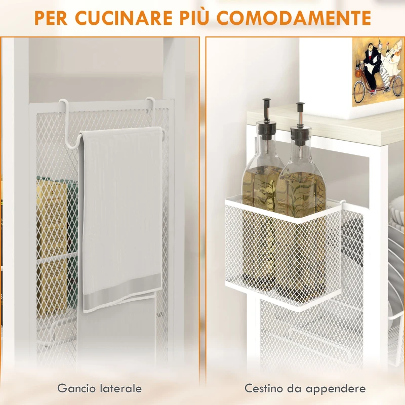 HOMCOM Carrello da Cucina a 3 Livelli con Cestino Laterale e Gancio, in Truciolato e Acciaio, 58x18.5x87 cm