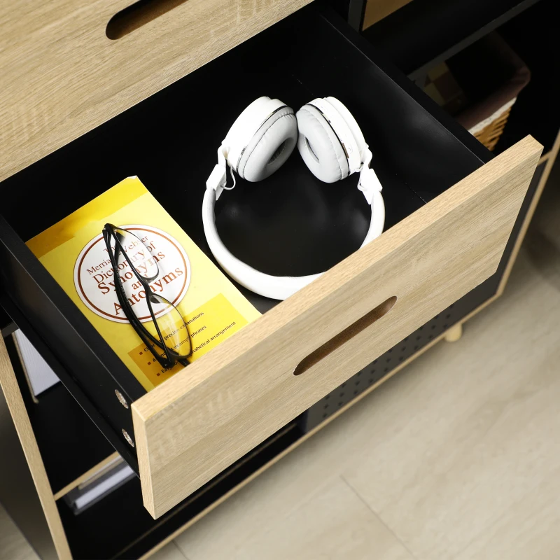 HOMCOM Bibliothèque meuble de rangement 2 tiroirs 7 compartiments porte coulissante 80 x 40 x 165 cm noir et naturel