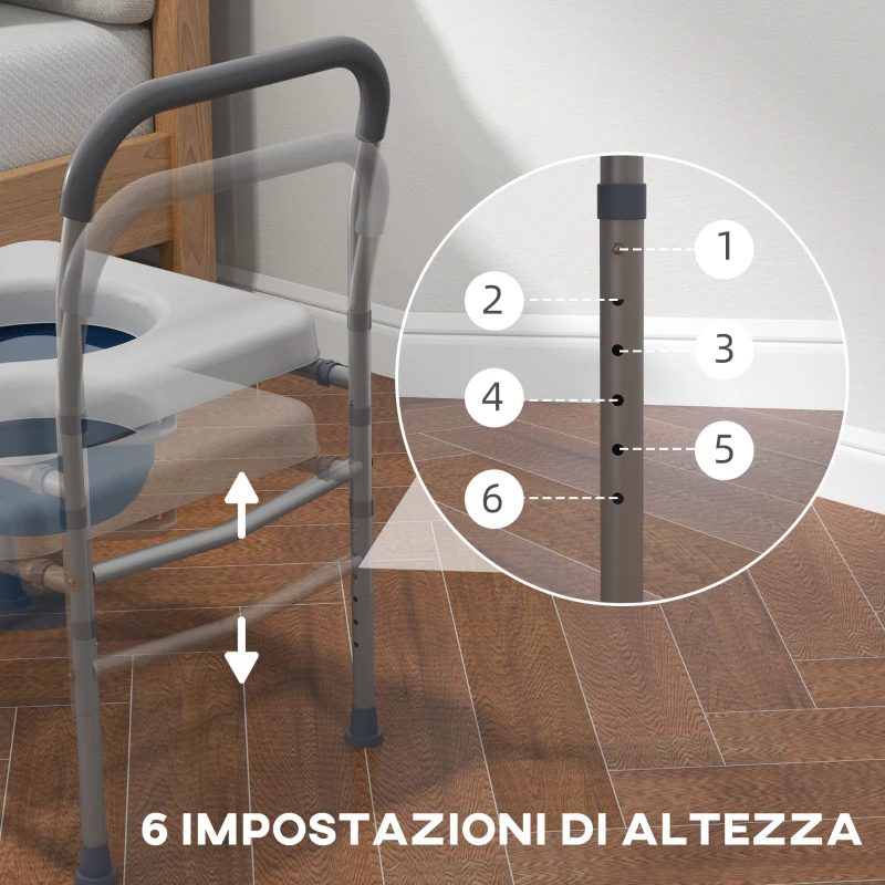 HOMCOM Sedia Comoda WC per Anziani e Disabili 4 in 1 Regolabile in Altezza con Braccioli Imbottiti, Grigio