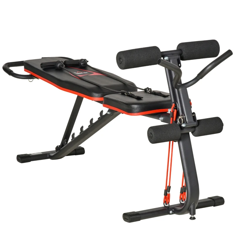 HOMCOM Hantelbank verstellbare Trainingsbank mit elastischer Seils Sit Up-Bank für Heimtraining 6 Stufen Rückenlehne-Gefälle Gewicht bis 150 kg Stahl Kunstleder Schwarz+Rot 145 x 49 x 48-127 cm