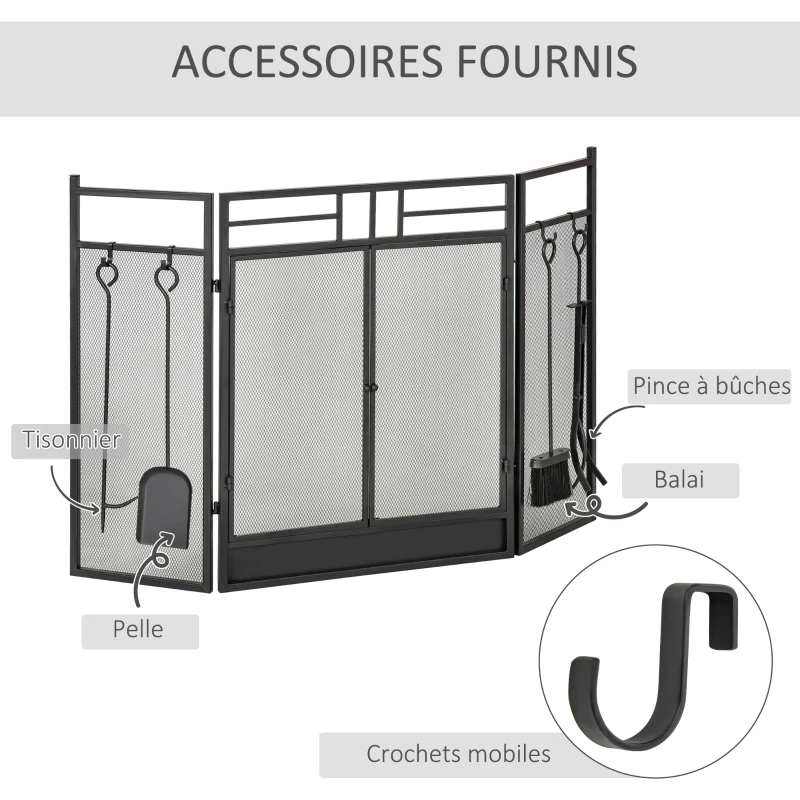 HOMCOM Pare-feu Large pour cheminée ou poêle - Pare-étincelles serviteur de cheminée 2 en 1 avec Accessoires - 3 Volets Pliables et Porte - Acier métal Noir