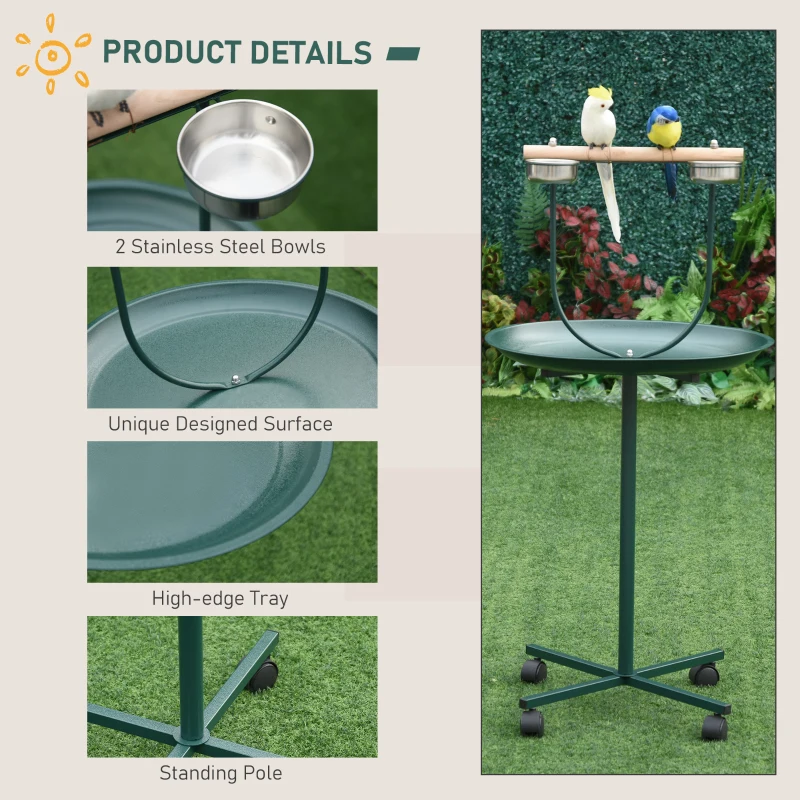 PawHut Bird Perch Stand with Four Wheels, Feeding Bowls, for Small, Medium Birds, Green