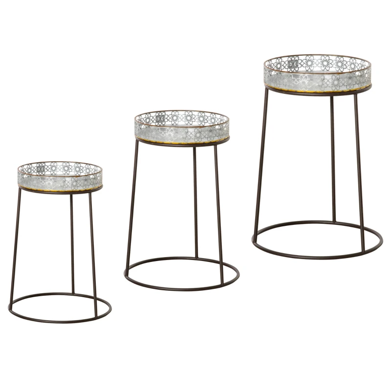 Outsunny Blumenständer 3er Set aus Metall Pflanzenständer Set Blumenhocker Blumentopfhalter Pflanzenhocker für Blumentopf Stapelbar Kaffee+Silber