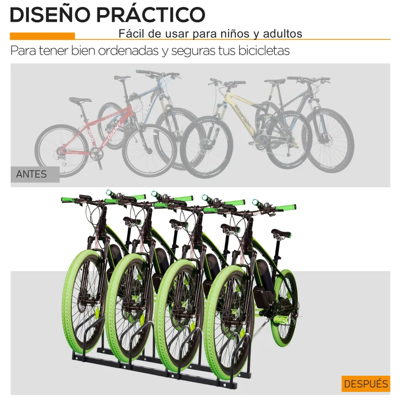 HOMCOM Aparcamiento para 4 Bicicletas Soporte de Acero para Aparcar Bicicletas en el Suelo o Pared 110x33x27 cm Negro