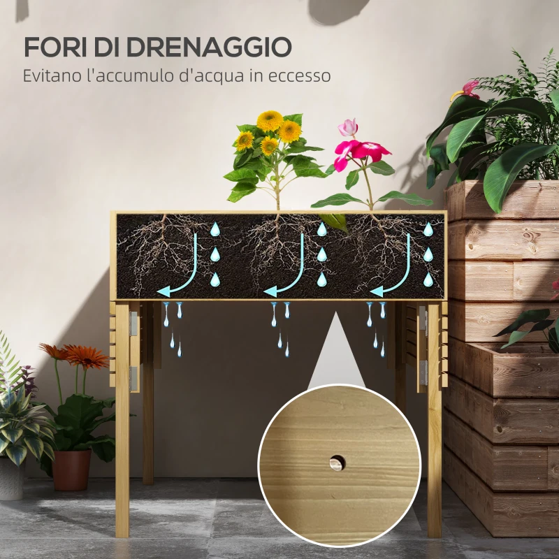 Outsunny Orto Rialzato in Legno con 2 Ripiani Pieghevoli e 12 Zone Separate, 122x91.5x89cm, Legno Naturale
