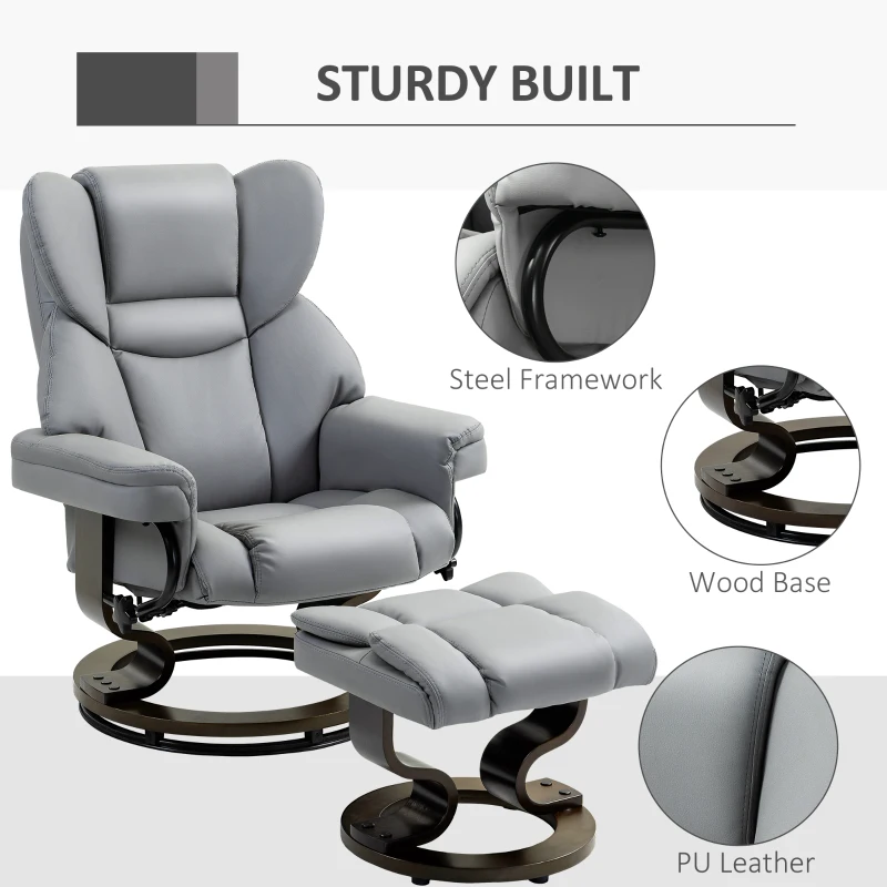 HOMCOM 360° Swivel Recliner Chair with Footstool, PU Leather Manual Recliner Armchair with Footstool, Solid Wood Base, Upholstered Reclining Chair for Living Room, Bedroom, Office, Light Grey