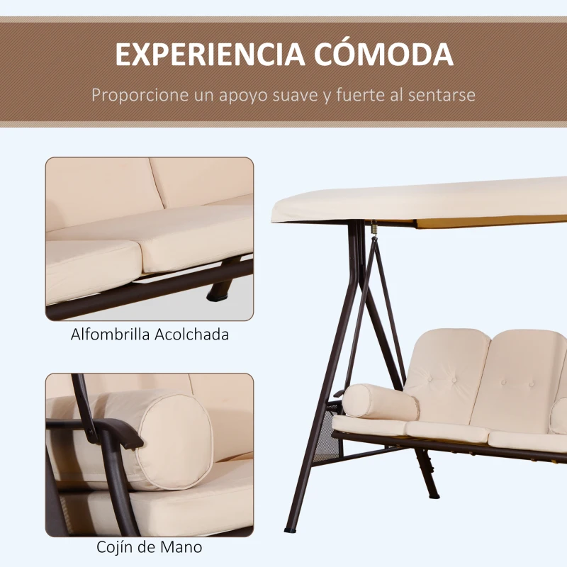 Outsunny Balancín de Jardín de 3 Plazas con Estructura Metálica Toldo y Bandeja para Bebidas para Exterior 208x121x172 cm Beige