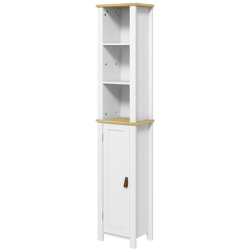 kleankin Meuble colonne de salle de bain placard à 3 niveaux étagères réglables porte en lambris 34 x 23 x 165 cm blanc
