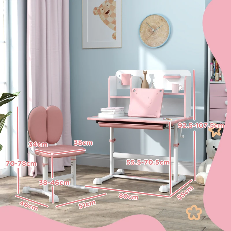 AIYAPLAY Set Scrivania e Sedia per Bambini Regolabili, Banco Scuola con Piano Inclinabile, Cassetto, Scaffale, Rosa