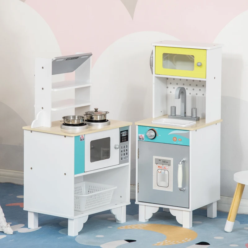 HOMCOM Two Kids Wooden Toy Kitchen Play Cooking Set Pretend Role Playset, with Sink Faucet, Cooking Bench, Telephone, Pots, for 3-6 Years