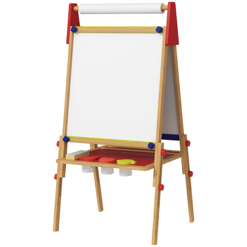AIYAPLAY 3-in-1 Wooden Kids Easel with Paper Roll, Whiteboard, Chalkboard, Painting Accessories
