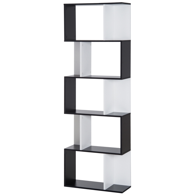HOMCOM Bibliothèque à 5 niveaux, meuble de rangement en forme de S avec étagères, étagère de rangement pour salon, chambre bureau, 60 x 24 x 184,5 cm, noir, blanc