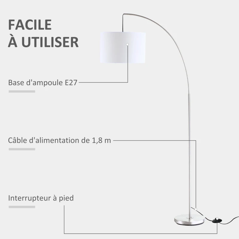 HOMCOM Lampadaire arc lampadaire arceau courbé design contemporain abat-jour polyester interrupteur à pied pour salon chambre et bureau 90 x 38 x 183 cm blanc et argent