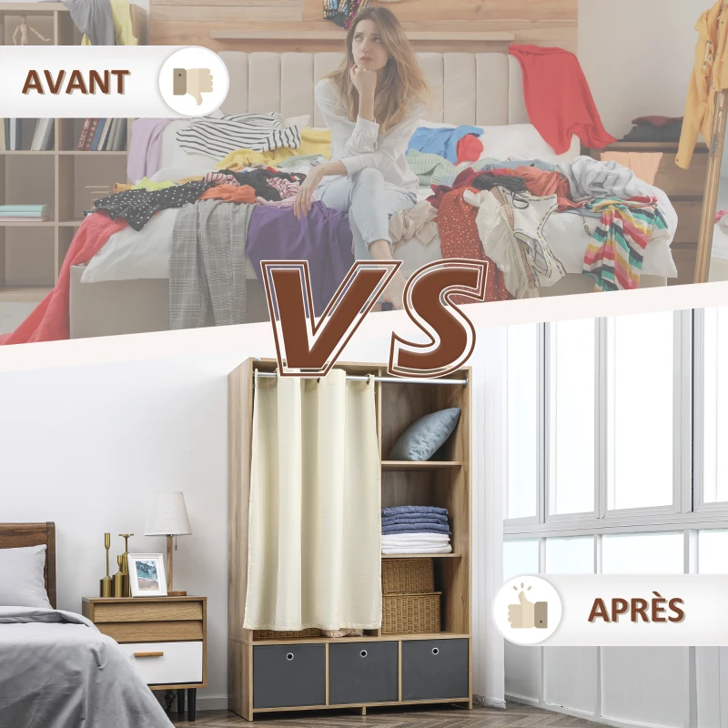 HOMCOM Armoire penderie armoire de rangement avec tringle rideaux 3 tiroirs en tissu amovibles 105 x 48 x 160 cm naturel