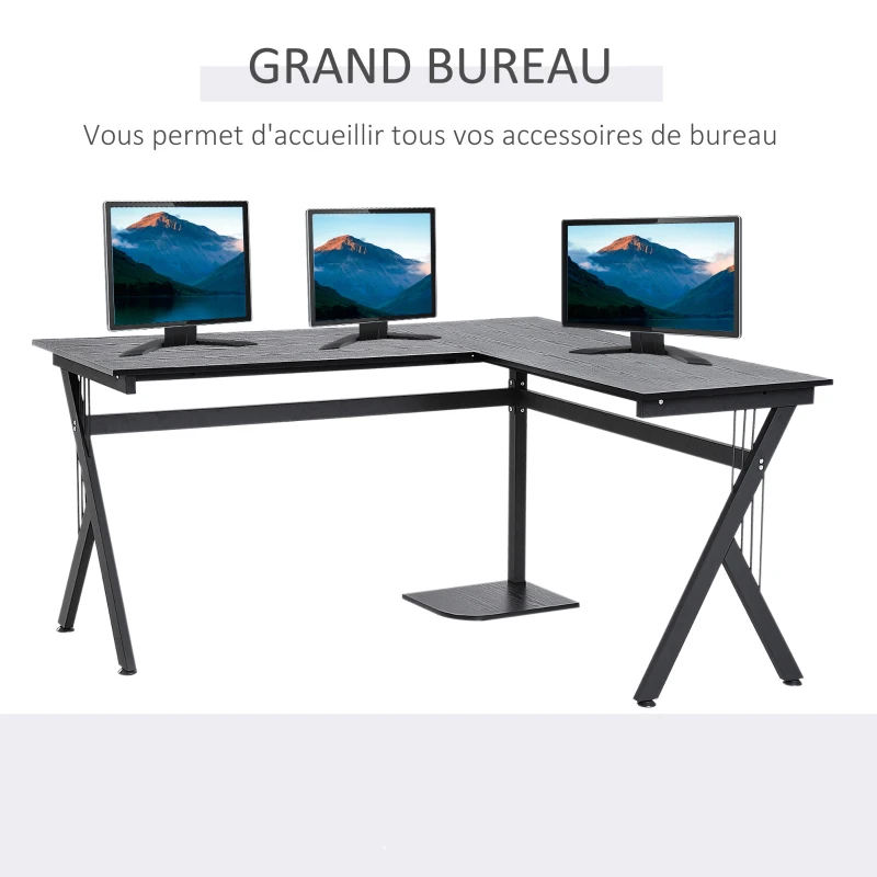 HOMCOM Bureau Informatique d'angle 155L x 130l x 76H cm Plateau en Bois Cadre en Acier Noir