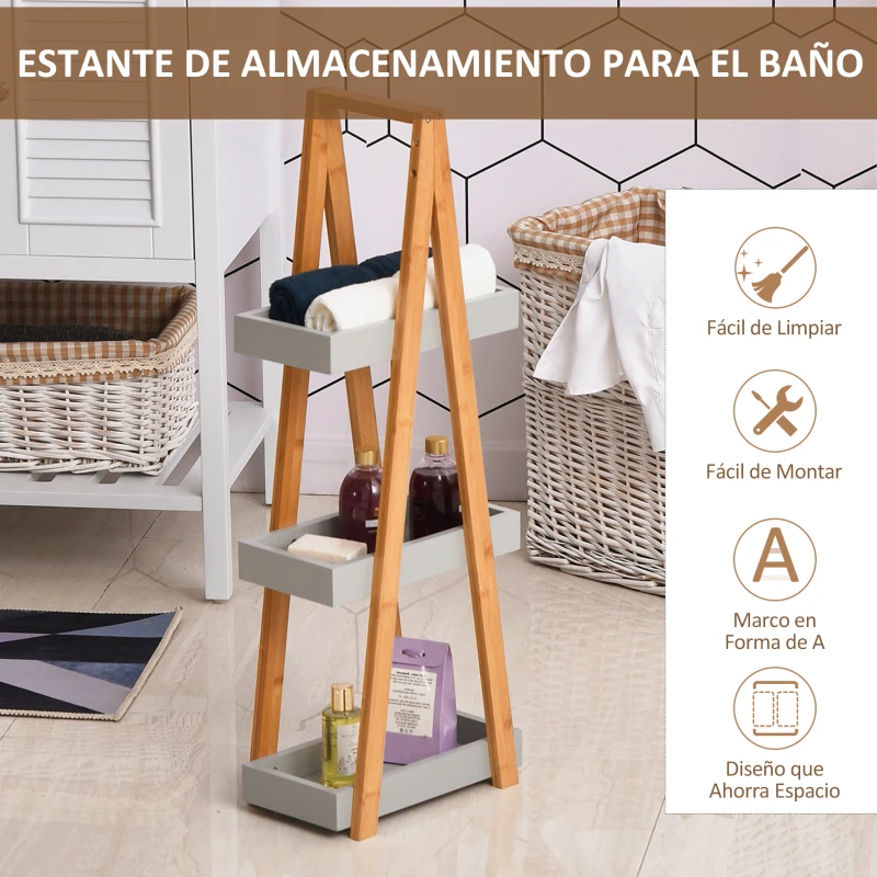 kleankin Estantería de Baño de Bambú con 3 Estantes Estantería de Madera en Forma de A 30x18x81 cm Natural y Gris