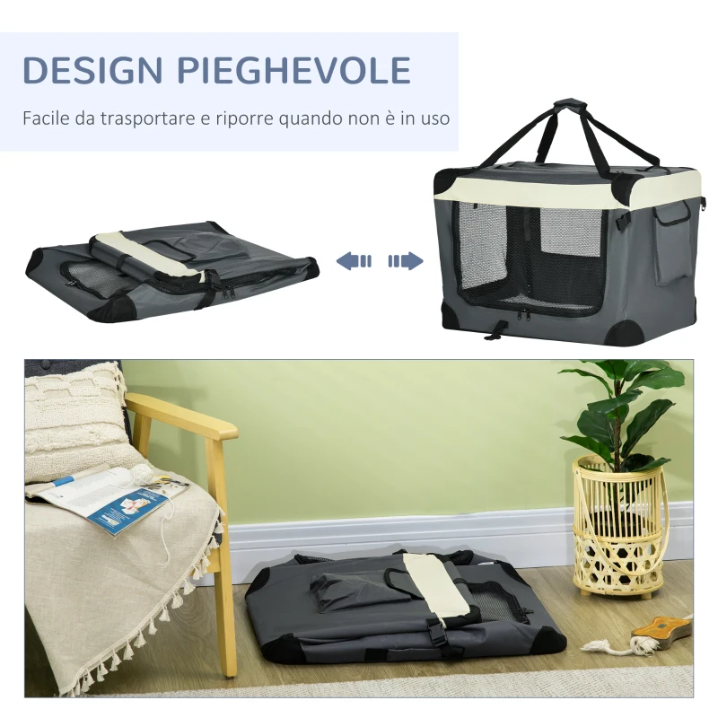 PawHut Trasportino per Cani e Gatti fino 4kg Pieghevole con 3 Aperture e Cuscino, 70x51x50cm, Grigio
