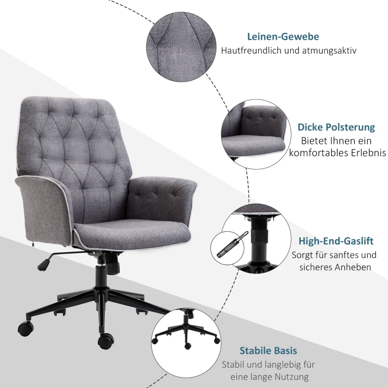 HOMCOM Bürostuhl mit Wippfunktion Drehstuhl Home-Office-Stuhl höhenverstellbarer Schreibtischstuhl Computerstuhl Arbeitsstuhl mit Armen 360°-Drehräder Schaumstoff Dunkelgrau 66 x 69 x 89,5-97 cm