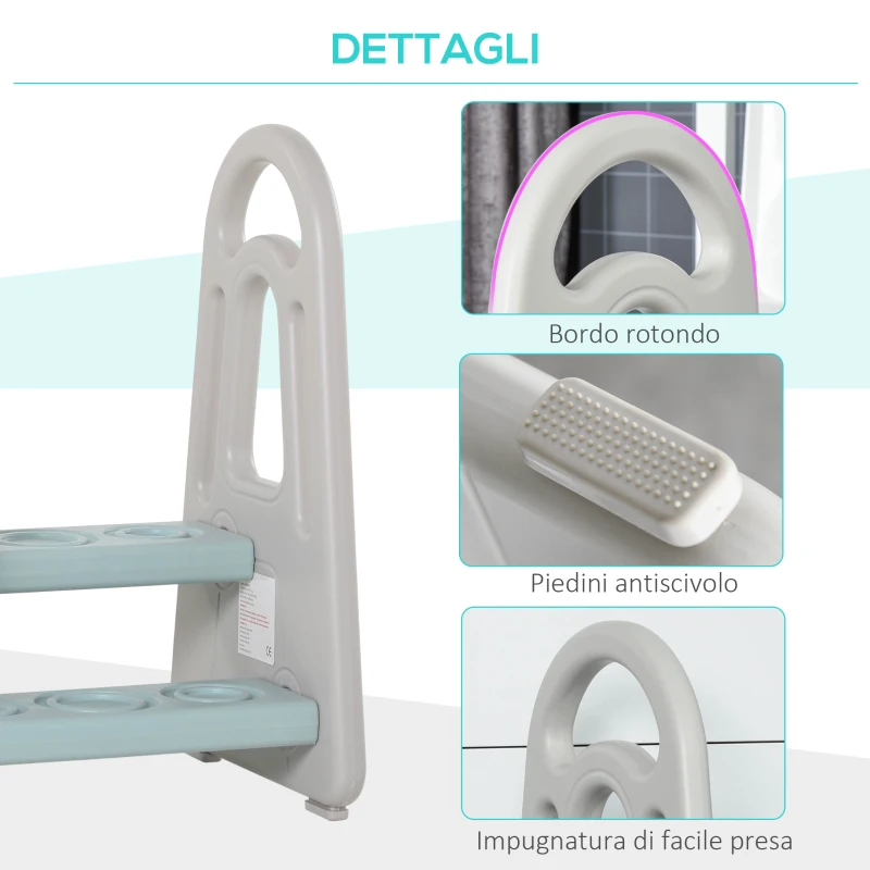 HOMCOM Sgabello per Bambini Scaletta a 2 Gradini in HDPE Età 2-5 Anni, Blu e Grigio