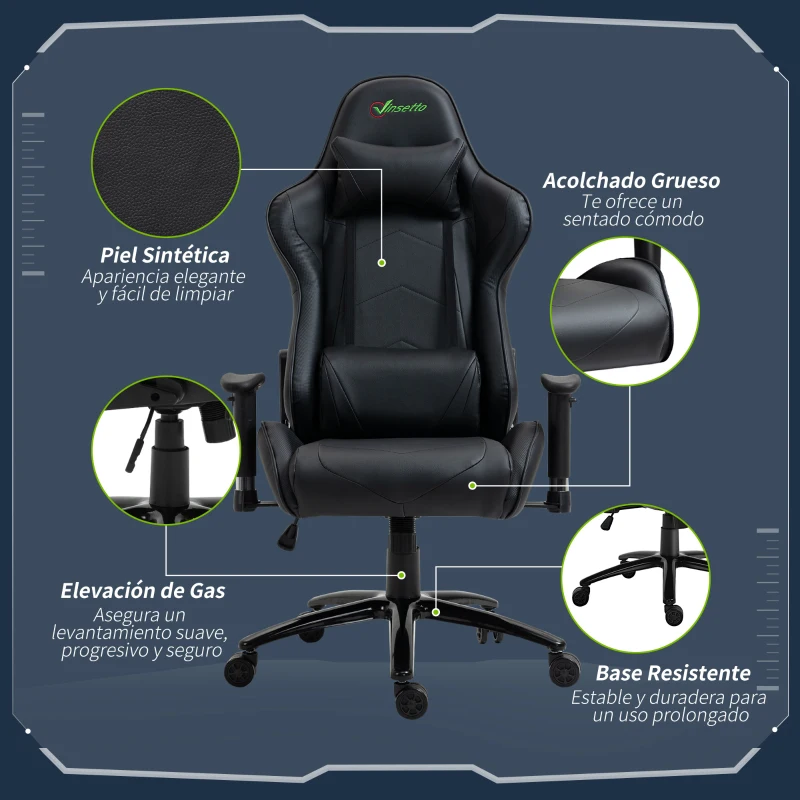 Vinsetto Silla Gaming Giratoria Silla Gamer Reclinable Tapizado en Cuero Sintético Altura Ajustable 73x71x128-136 cm Negro