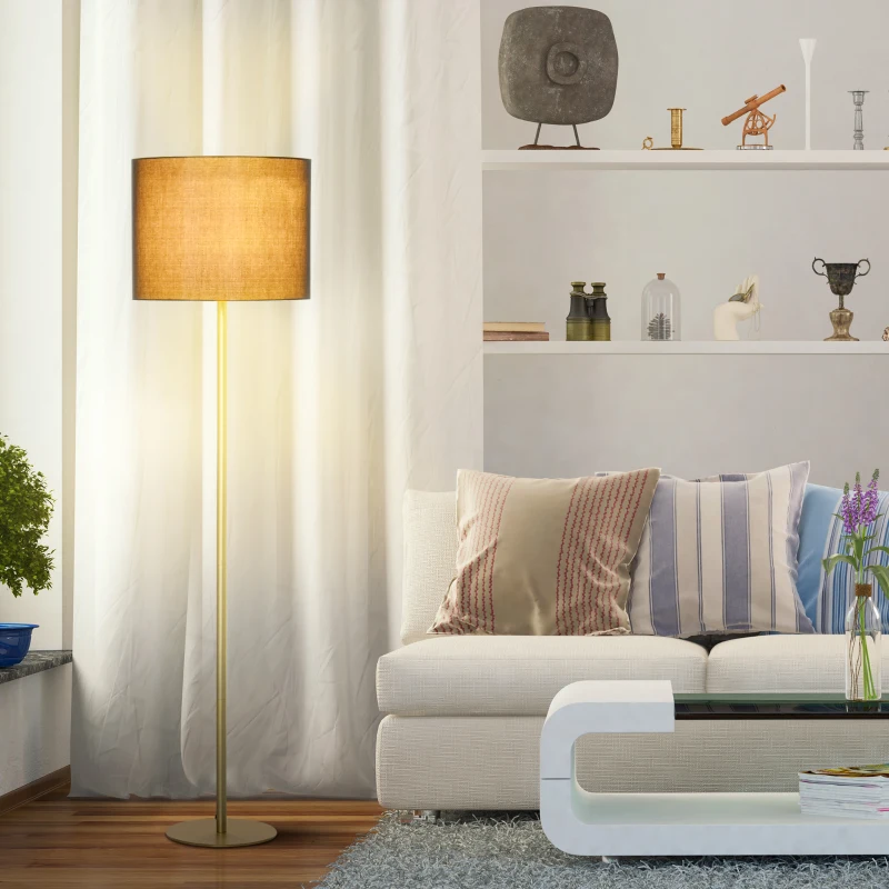 HOMCOM Lampada a Piantana da Terra con Paralume in Stoffa, Lampada da Terra Moderna per Soggiorno, Camera da Letto e Ufficio, Nero e Oro