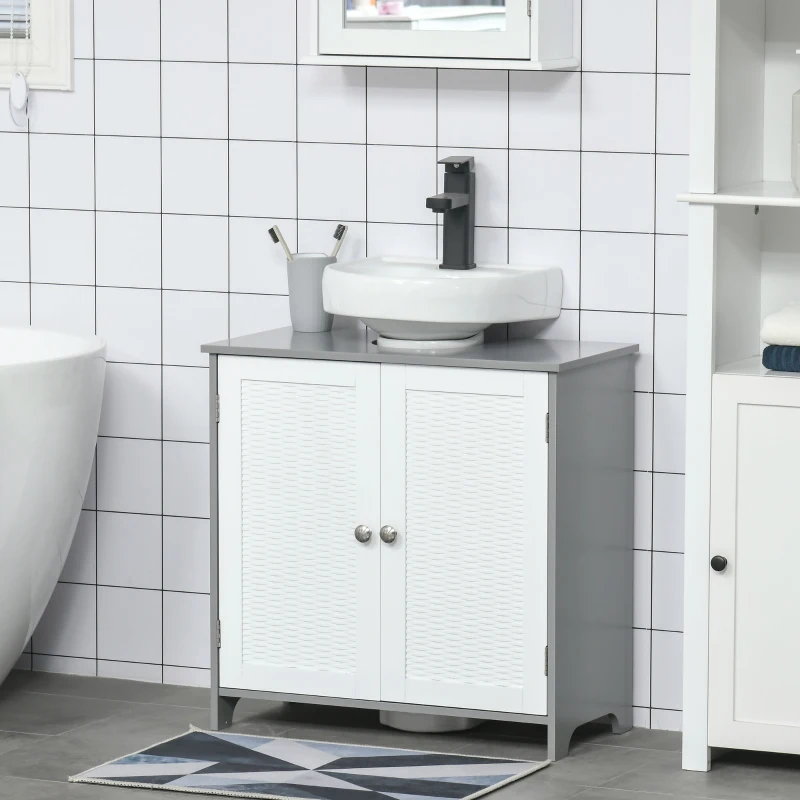 kleankin Meuble sous lavabo meuble sous évier placard 2 portes avec étagère 60 x 30 x 60 cm gris blanc