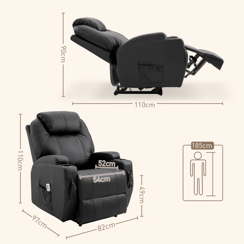 HOMCOM Fauteuil de Massage Inclinable, Chaise de Relaxation avec dossier et repose-pied électrique réglables revêtement synthétique pour Salon, Chambre, Cinéma Maison Noir