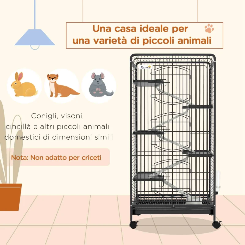 PawHut Gabbia per Piccoli Animali con Ruote, 5 Rampe e 5 Piattaforme, Ciotola e Bottiglia, 61.5x44x131 cm, Nero