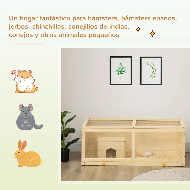 PawHut Jaula para Hámster de Madera con Techo Abatible Panel de Acrílico Bandeja Extraíble y Cabaña 100x58x38 cm Natural