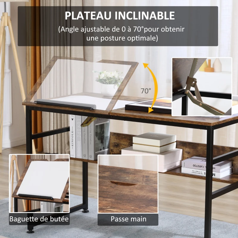 HOMCOM Table à dessin inclinable bureau informatique design industriel - plateau relevable, étagère - panneaux particules aspect vieux bois métal noir