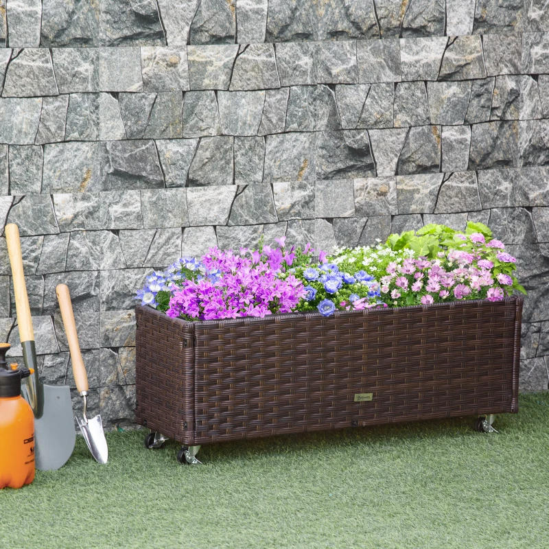 Outsunny Hochbeet Poly Rattan mit Rollen Pflanzkasten mit Abflusslöchern Blumenkasten Blumenkübel Kaffee-Braun 94,5 x 31 x 36 cm