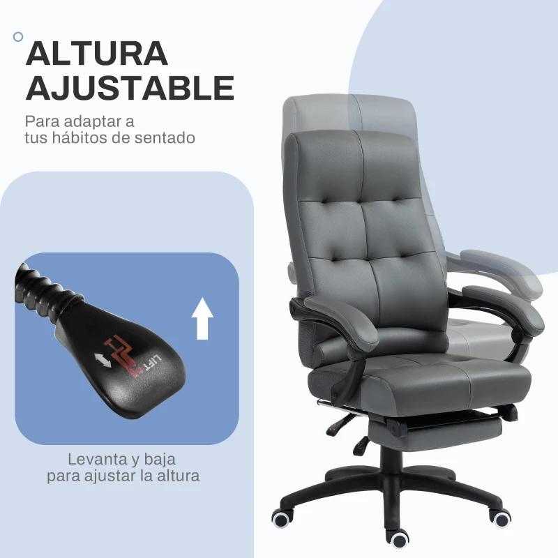 Vinsetto Silla de Escritorio Reclinable Tapizada de PU con Altura Ajustable Reposabrazos Reposapiés 65x65x118-125 cm Gris Oscuro