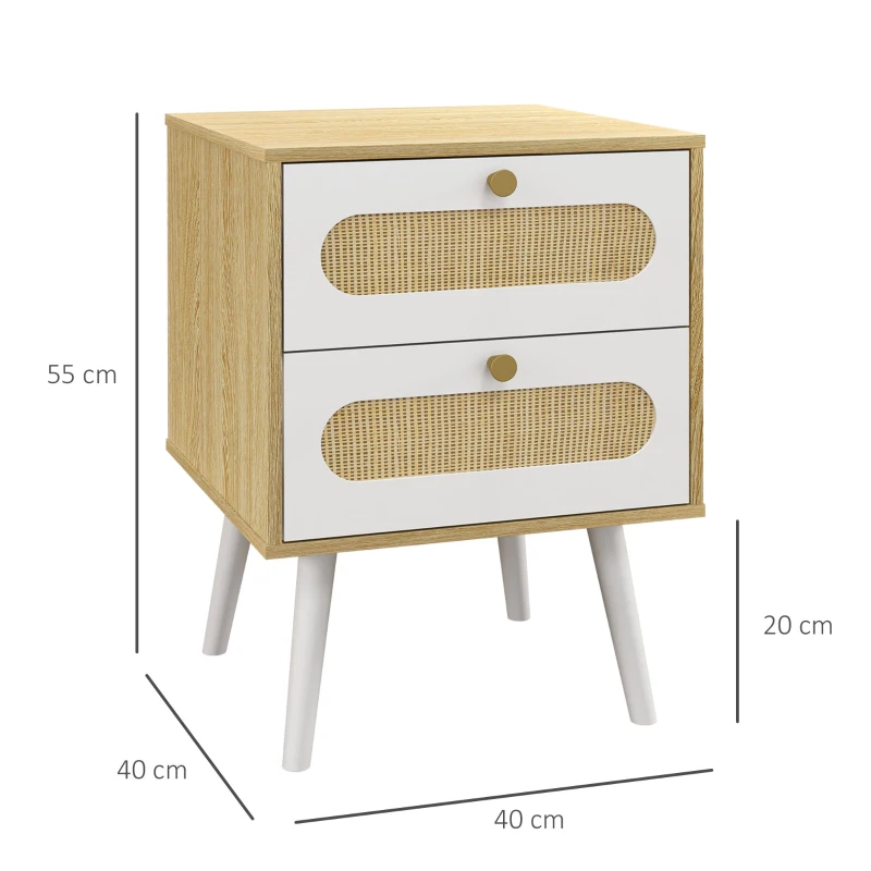 HOMCOM Comodino con Cassetti Set 2 Pezzi in Truciolato e MDF in stile Boho, 40x40x55 cm, Rovere e Bianco