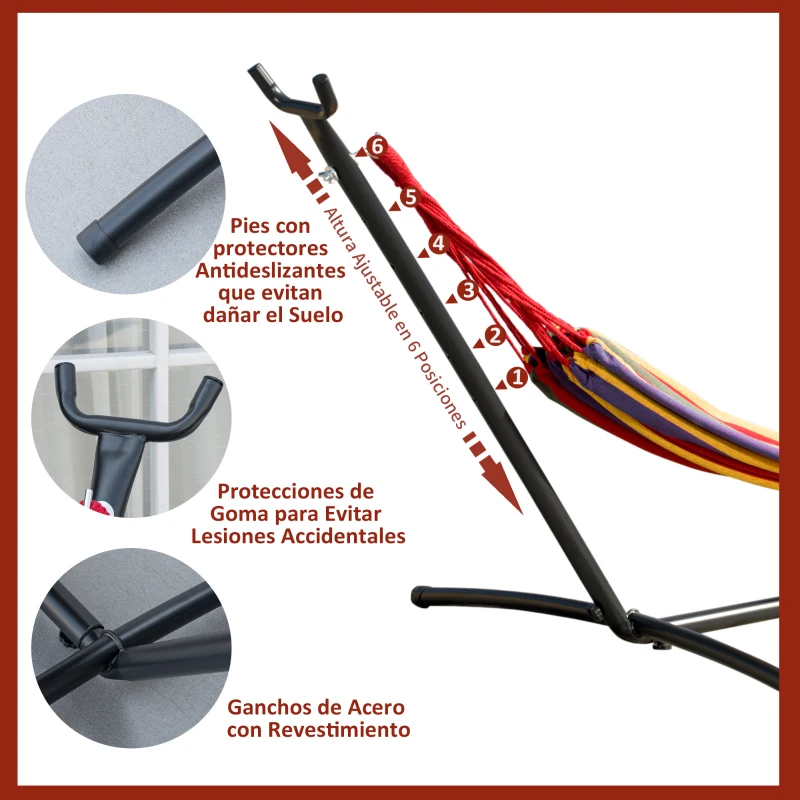 Outsunny Hamaca con Soporte de Acero con Altura Ajustable en 6 Niveles y Bolsa de Transporte Carga 120 kg 200x150 cm Multicolor