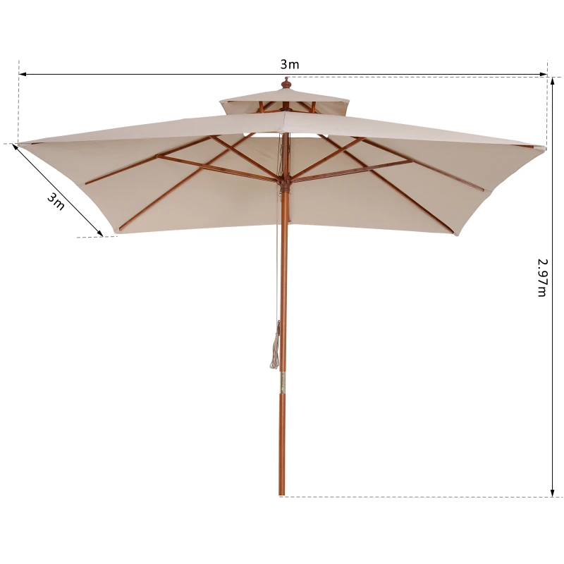 Outsunny Sombrilla de Jardín 3x3x3 m con Doble Techo Sistema de Polea Impermeable para Terraza Balcón Exterior Beige(m-3)
