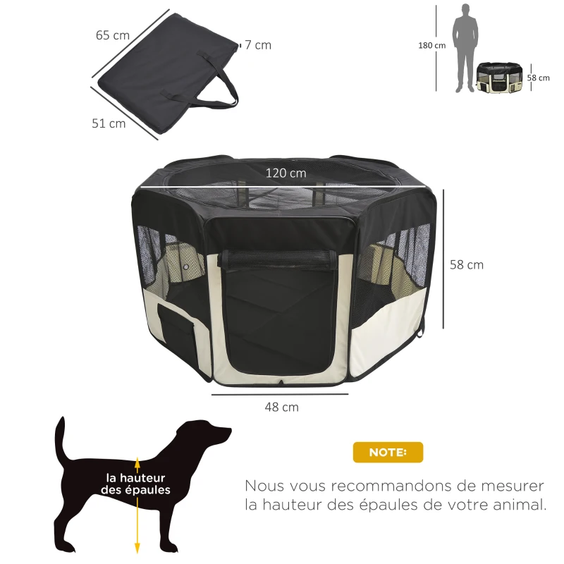 PawHut Parc enclos pliable pour chien chat petits animaux octogonal en tissu Oxford et acier - Ø 120 x 58H cm - noir et crème