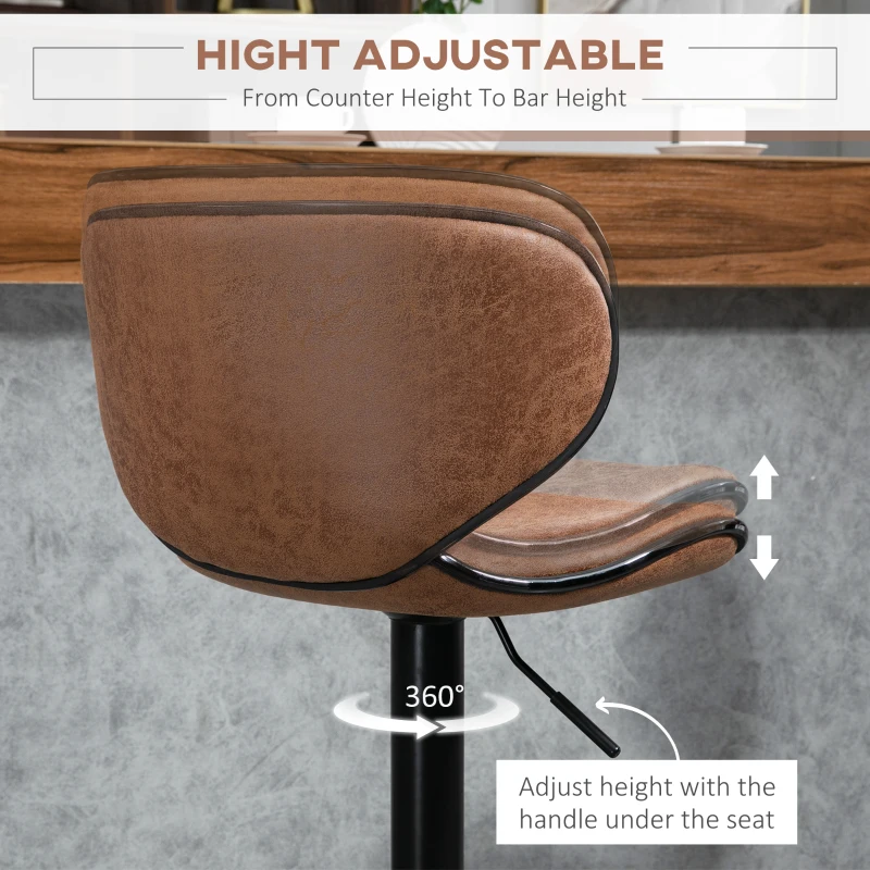 HOMCOM Adjustable Bar Stools Set of 2, Swivel Leathaire Upholstered Barstools with Large Seat, Breakfast Bar Chairs with Back, Footrest and Steel Base, Brown