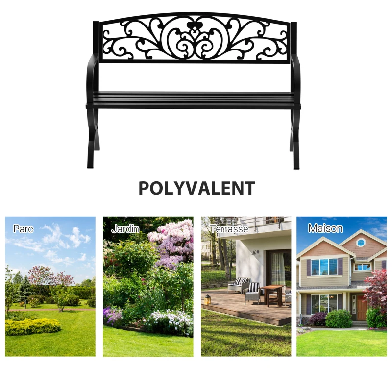 Outsunny Banc de jardin terrasse en acier fonte noir 3 places 127 x 60 x 85 cm charge max 240 Kg