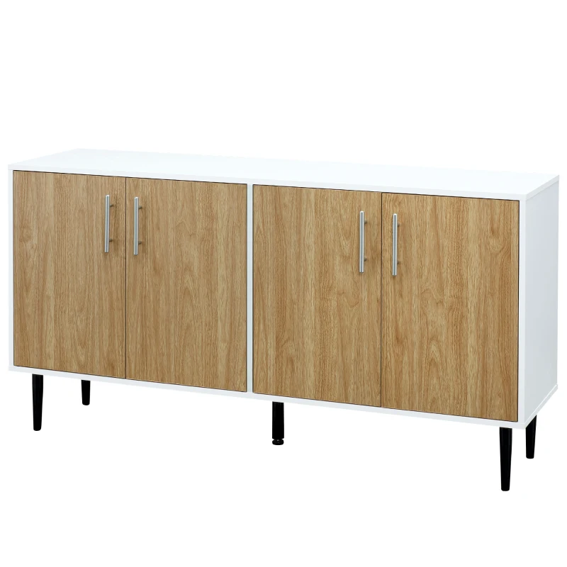 HOMCOM Aparador de Cocina con 4 Puertas Estantes Ajustables y Patas Metálicas Mueble Auxiliar Moderno para Salón Comedor 147,2x40,5x76,2 cm Natural y Blanco