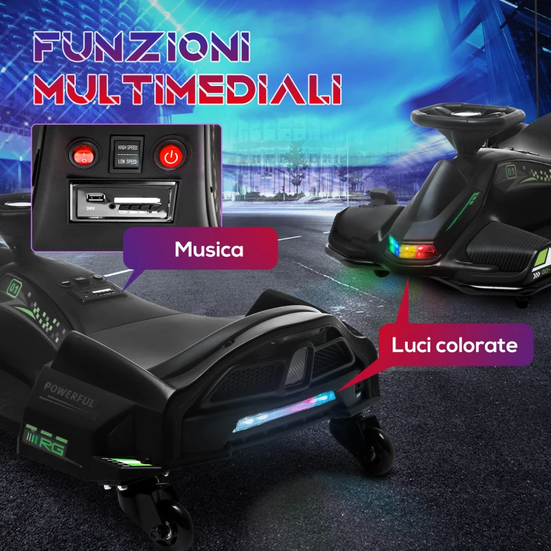 HOMCOM Go Kart Elettrico per Bambini 8-12 Anni Velocità 3-8 km/h per Drifting con Luci e Musica, Nero