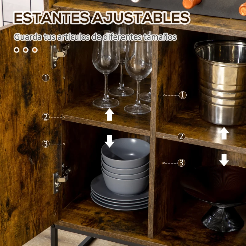 HOMCOM Aparador con Botellero para 4 Botellas con Encimera de Cristal Estilo Industrial 60x40x100 cm Marrón Rústico