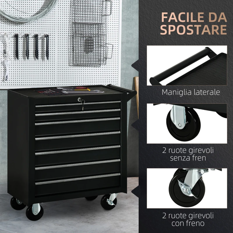 DURHAND Carrello da Officina con 7 Cassetti, Serratura con Chiavi, Ruote e Maniglia, 69x33x75cm, Nero