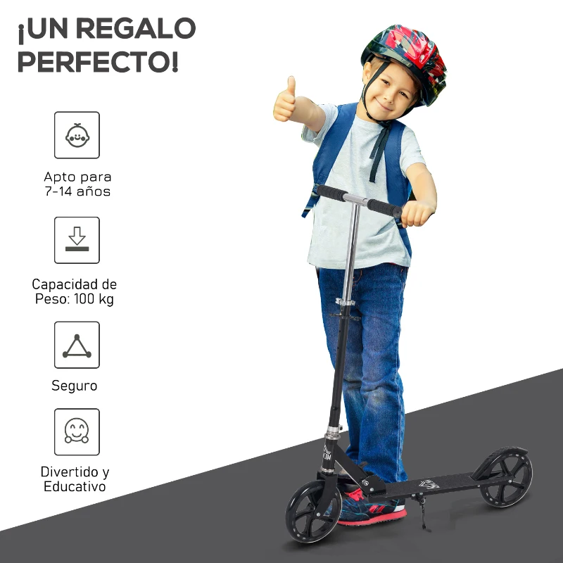 HOMCOM Patinete Plegable para Niños de 7-14 Años Scooter Infantil Manillar Ajustable en Altura de 4 Niveles con Freno 88x37x75-100 cm Negro